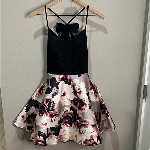 City Studio Dress Skater Hoco Homecoming Black Pink Floral Formal Dress Bow Open - Picture 1 of 13